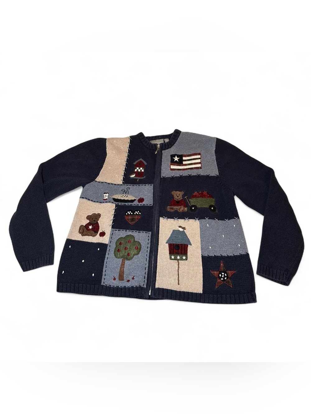 Vintage croft & barrow Navy Patchwork Zip Sweater Americana Granny Cottage Core